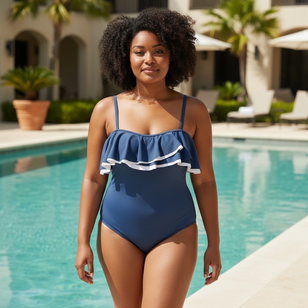 Contours by Coco Reef Ruffled Bandeau with Removable Strape One-Piece Swimsuit